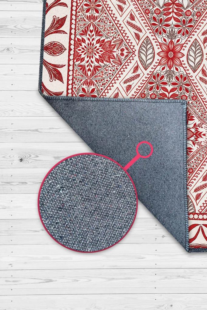 Stilize Çiçek Motifli Kırmızı Salon Halısı, Yıkanabilir Etnik Desenli Otantik Halı