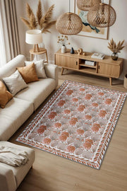 Terrakota Bitki Desenli Halı, Suluboya Efektli Turuncu Halı, Soyut Meyve Desenli Yıkanabilir Halı