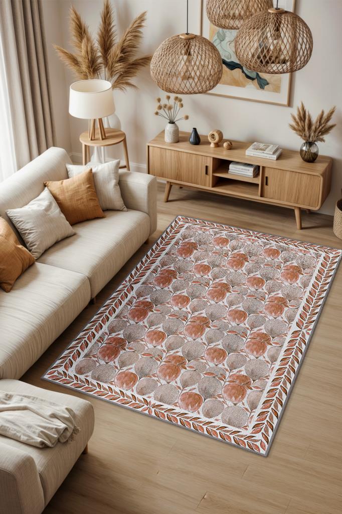 Terrakota Bitki Desenli Halı, Suluboya Efektli Turuncu Halı, Soyut Meyve Desenli Yıkanabilir Halı
