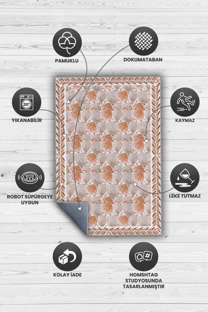 Terrakota Bitki Desenli Halı, Suluboya Efektli Turuncu Halı, Soyut Meyve Desenli Yıkanabilir Halı