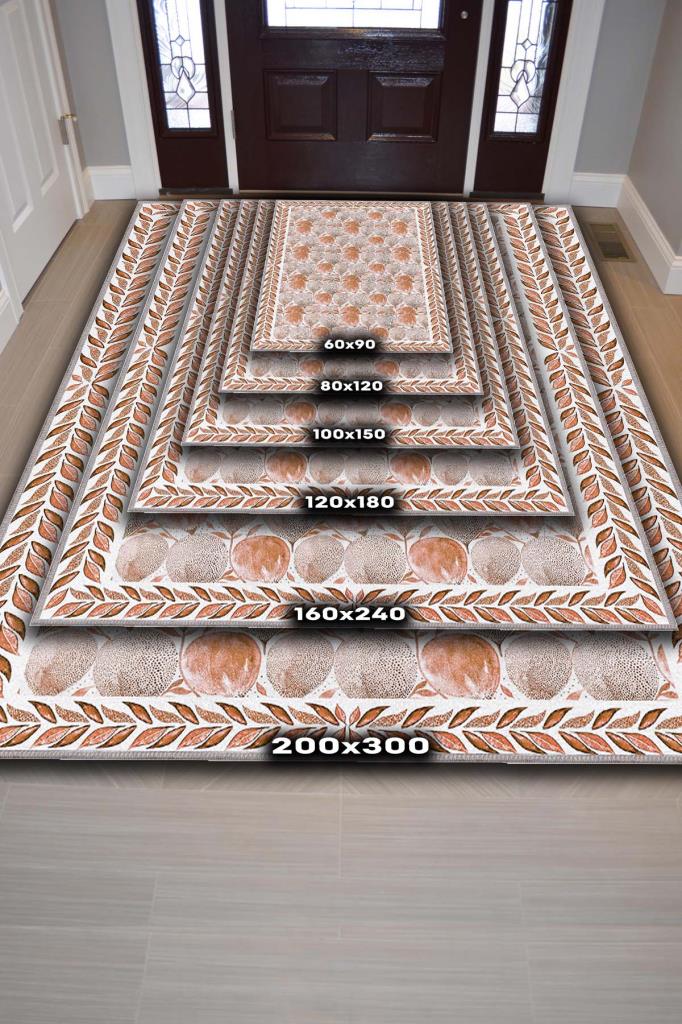 Terrakota Bitki Desenli Halı, Suluboya Efektli Turuncu Halı, Soyut Meyve Desenli Yıkanabilir Halı