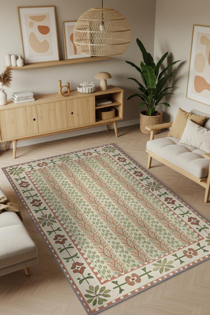 Terrakota Ve Adaçayı Yeşili Botanik Desenli Geometrik Oturma Odası Halısı, Japon & İskandinav Oda Dekoru, Japandi Halı