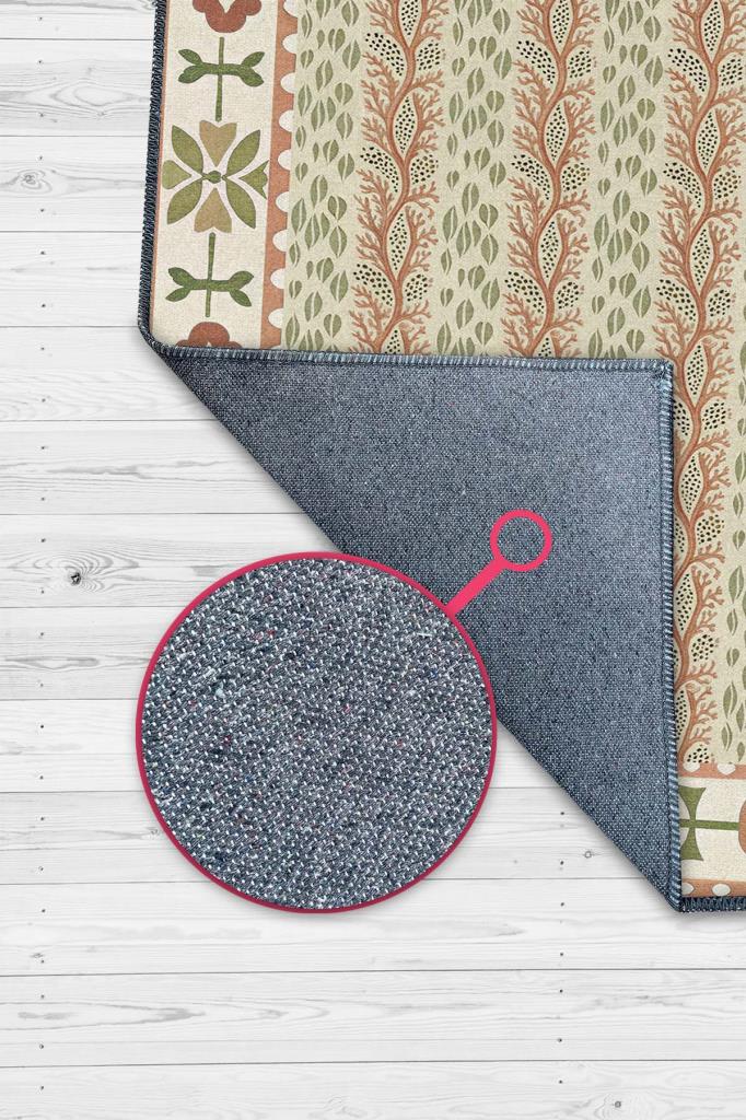 Terrakota Ve Adaçayı Yeşili Botanik Desenli Geometrik Oturma Odası Halısı, Japon & İskandinav Oda Dekoru, Japandi Halı