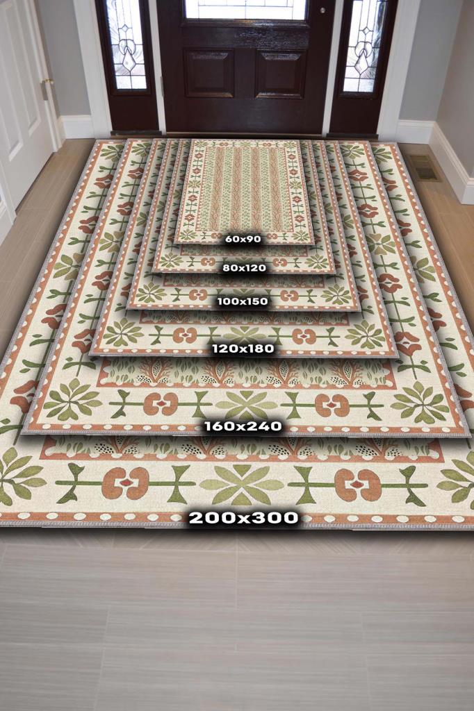 Terrakota Ve Adaçayı Yeşili Botanik Desenli Geometrik Oturma Odası Halısı, Japon & İskandinav Oda Dekoru, Japandi Halı