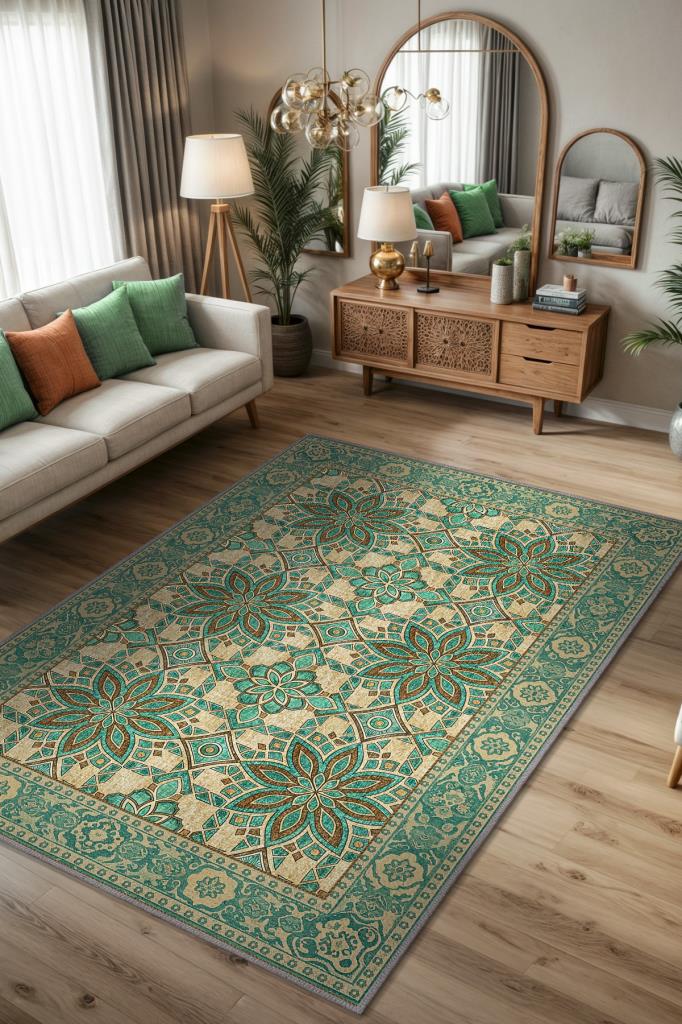 Turkuaz Ve Kahverengi Halı, Etnik Halı, Geometrik Desenli Eskitme Halı, Modern Oda Dekoru