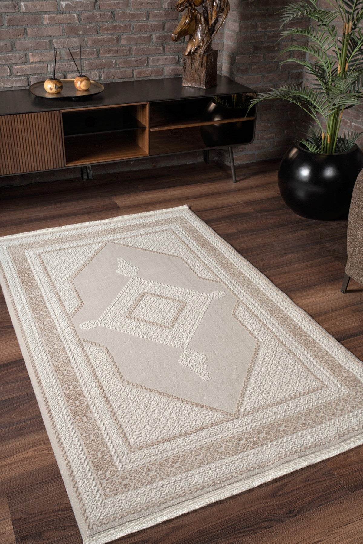 Vavien 1377 Bej Yumuşak Dokulu Salon Mutfak Koridor Oturma Odası Yolluk Halı Makine Halısı