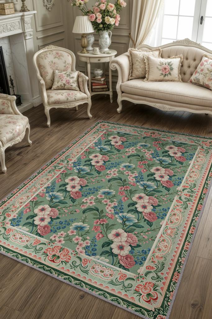 Victorian Tarzı Maksimalist Halı, Çok Renkli Salon Halısı, Çiçekli Kır Evi Halısı