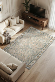 Vintage Bej Halı, Antik Deseneli Oturma Odası Halısı, Yıkanabilir Dijital Baskılı Halı