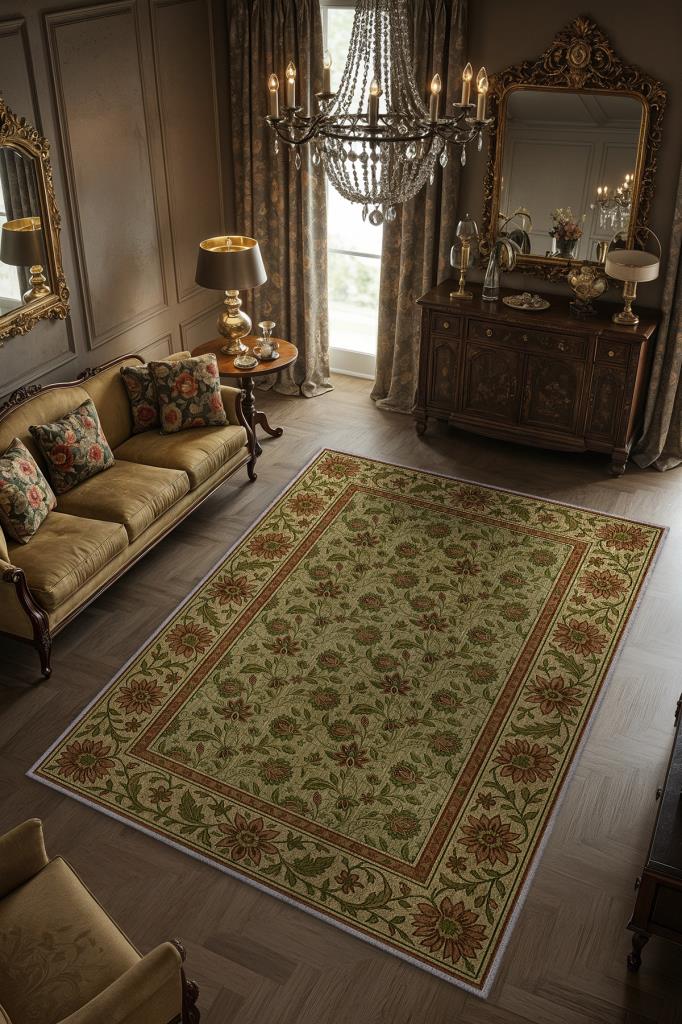 Vintage Salon Halısı, Zeytin Yeşili Halı, Maksimalist Klasik Ev Dekoru İçin Yıkanabilir Halı