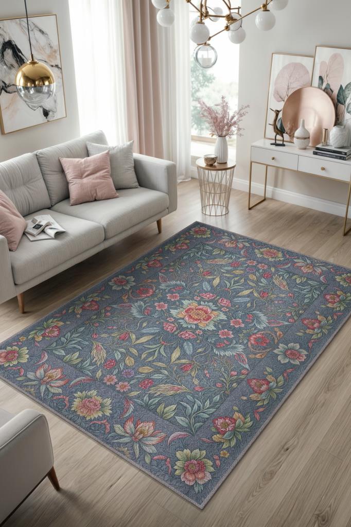 Vintage Tarz Art Nouveau Çiçek Desenli Halı, Kırmızı Mavi Halı, Maksimalist Ev Dekoru, Yıkanabilir Dokuma Pamuk Tabanlı Kaymaz Tabanlı Halı