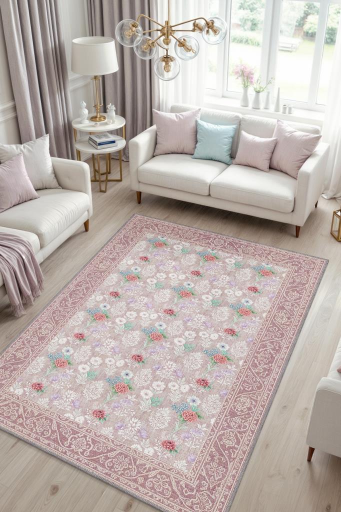 Vintage Tarz Çiçek Desenli Pastel Oturma Odası Halısı, Pembe Halı, Maksimalist Ev Dekoru