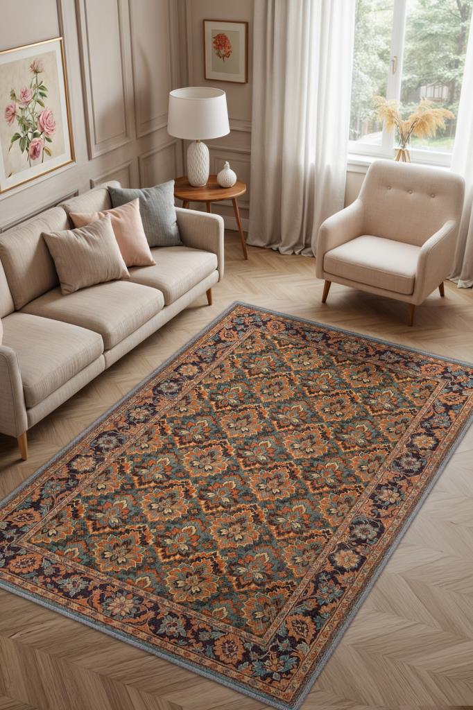 Yanık Turuncu Renkli Vintage Tarz Çiçek Desenli Salon Halısı, Turuncu Halı, Maksimalist Ev Dekoru, Yıkanabilir Halı