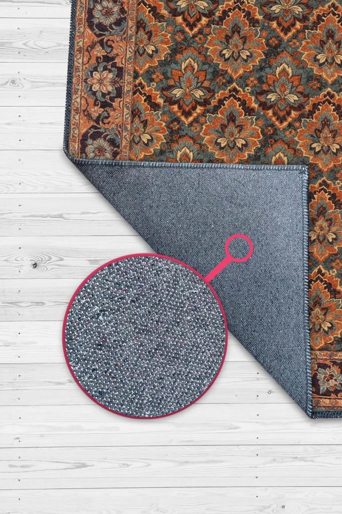 Yanık Turuncu Renkli Vintage Tarz Çiçek Desenli Salon Halısı, Turuncu Halı, Maksimalist Ev Dekoru, Yıkanabilir Halı