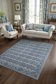 Yaprak Motifli 19.Yüzyıl Temalı Mavi Lacivert Halı, Yıkanabilir Oturma Odası Halısı, Klasik Salon Halısı