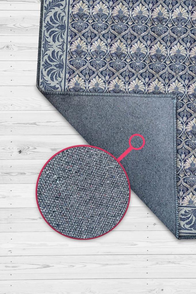 Yaprak Motifli 19.Yüzyıl Temalı Mavi Lacivert Halı, Yıkanabilir Oturma Odası Halısı, Klasik Salon Halısı