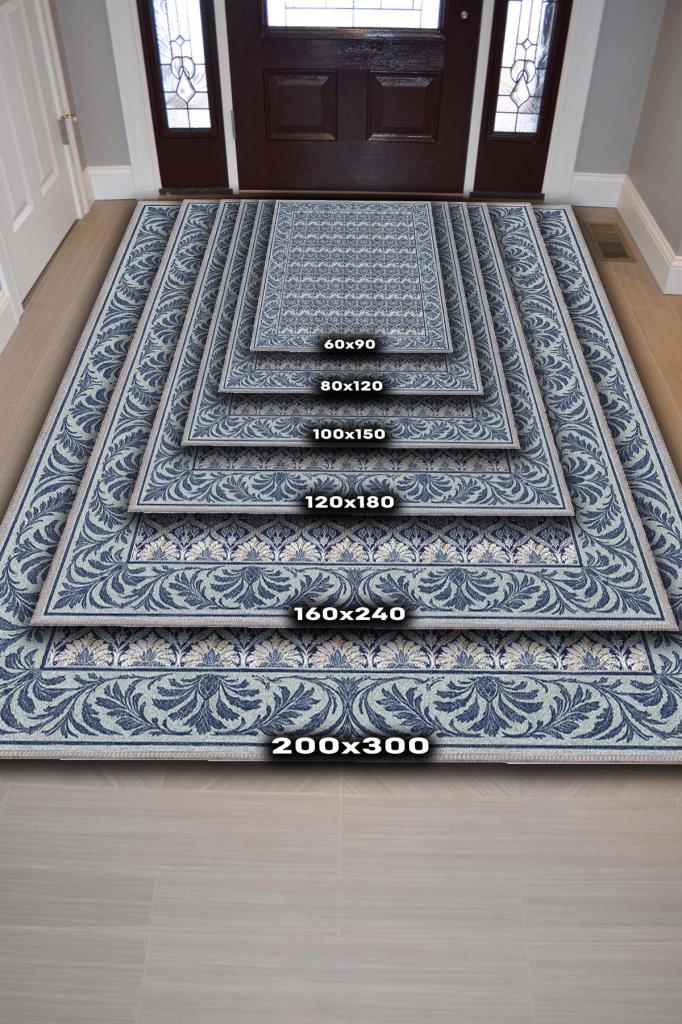 Yaprak Motifli 19.Yüzyıl Temalı Mavi Lacivert Halı, Yıkanabilir Oturma Odası Halısı, Klasik Salon Halısı