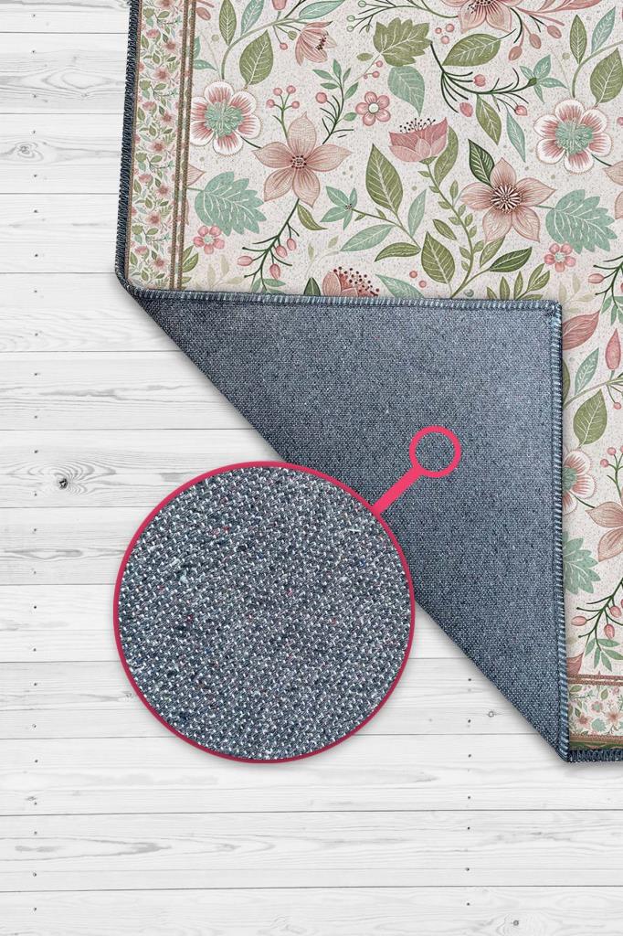 Yeşil Pembe Çiçek Desenli Salon Halısı, Bahar Temalı Dokuma Pamuk Tabanlı Kaymaz Tabanlı Halı