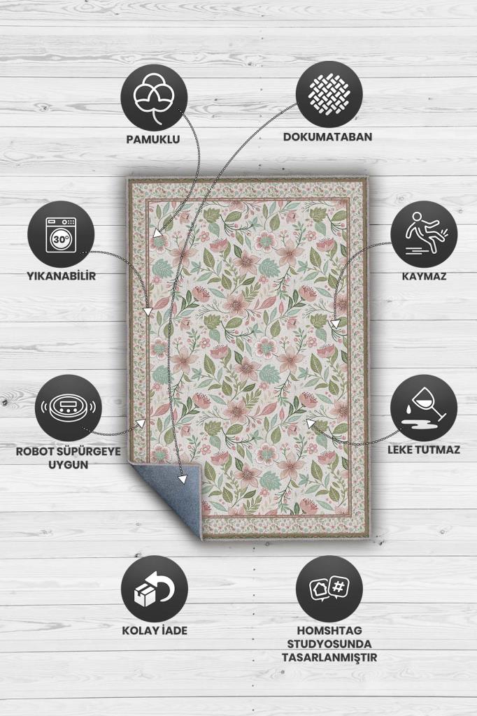 Yeşil Pembe Çiçek Desenli Salon Halısı, Bahar Temalı Dokuma Pamuk Tabanlı Kaymaz Tabanlı Halı