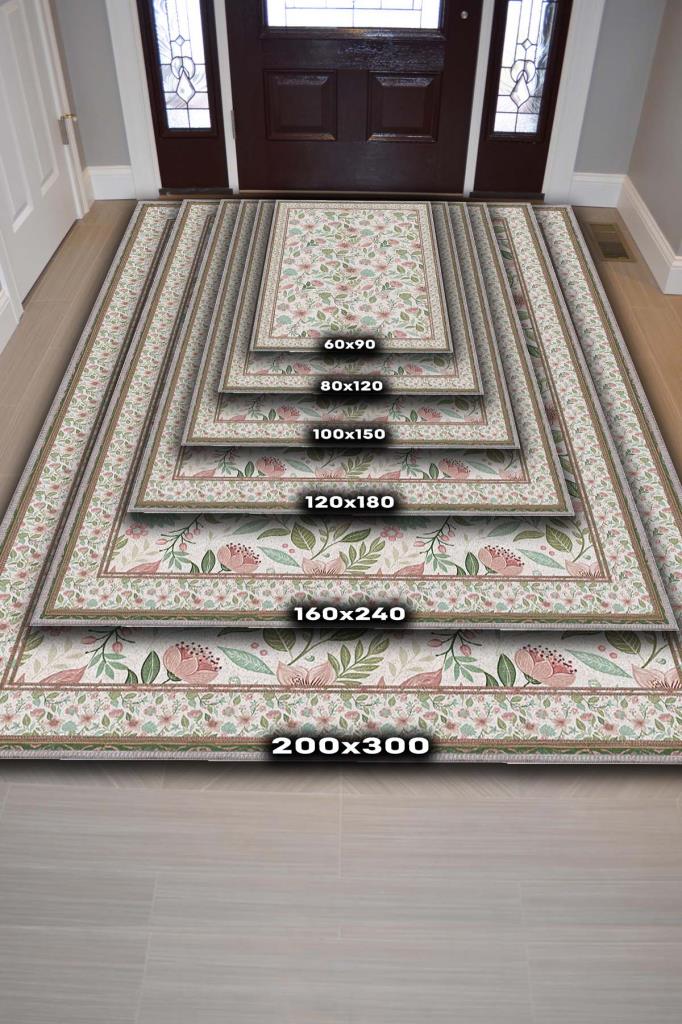 Yeşil Pembe Çiçek Desenli Salon Halısı, Bahar Temalı Dokuma Pamuk Tabanlı Kaymaz Tabanlı Halı