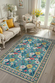 Yıkanabilir Dokuma Pamuk Tabanlı Kaymaz Tabanlı Çiçekli Mavi Salon Halısı, Maksimalist Ev Dekoru, Yıkanabilir Halı