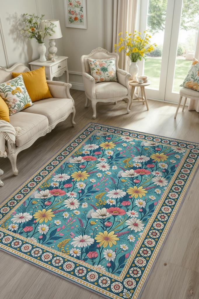 Yıkanabilir Dokuma Pamuk Tabanlı Kaymaz Tabanlı Çiçekli Mavi Salon Halısı, Maksimalist Ev Dekoru, Yıkanabilir Halı