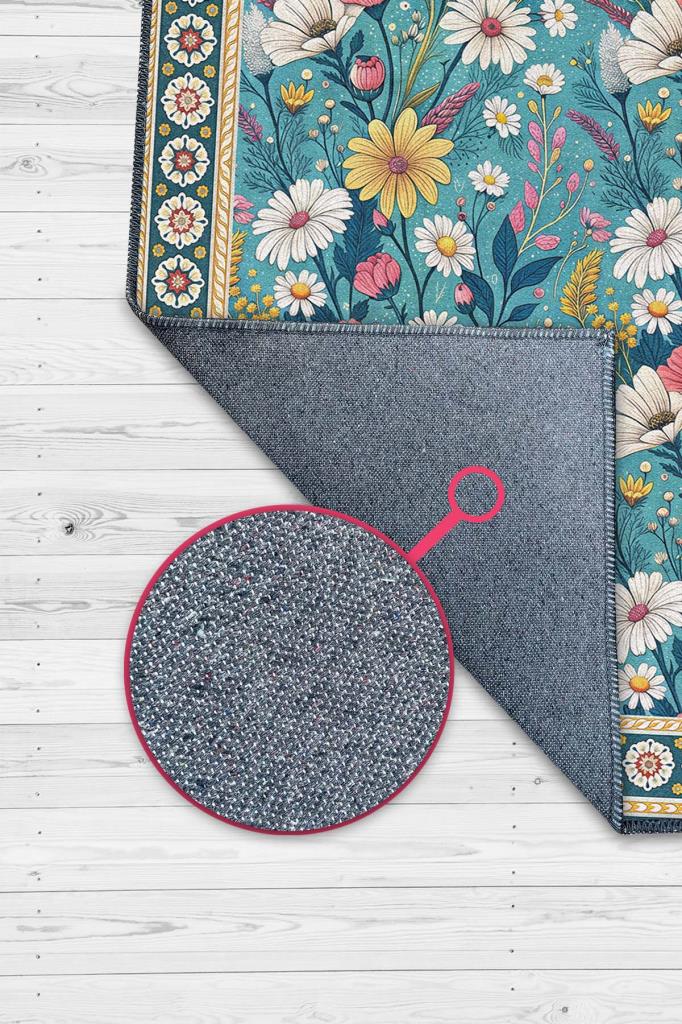 Yıkanabilir Dokuma Pamuk Tabanlı Kaymaz Tabanlı Çiçekli Mavi Salon Halısı, Maksimalist Ev Dekoru, Yıkanabilir Halı