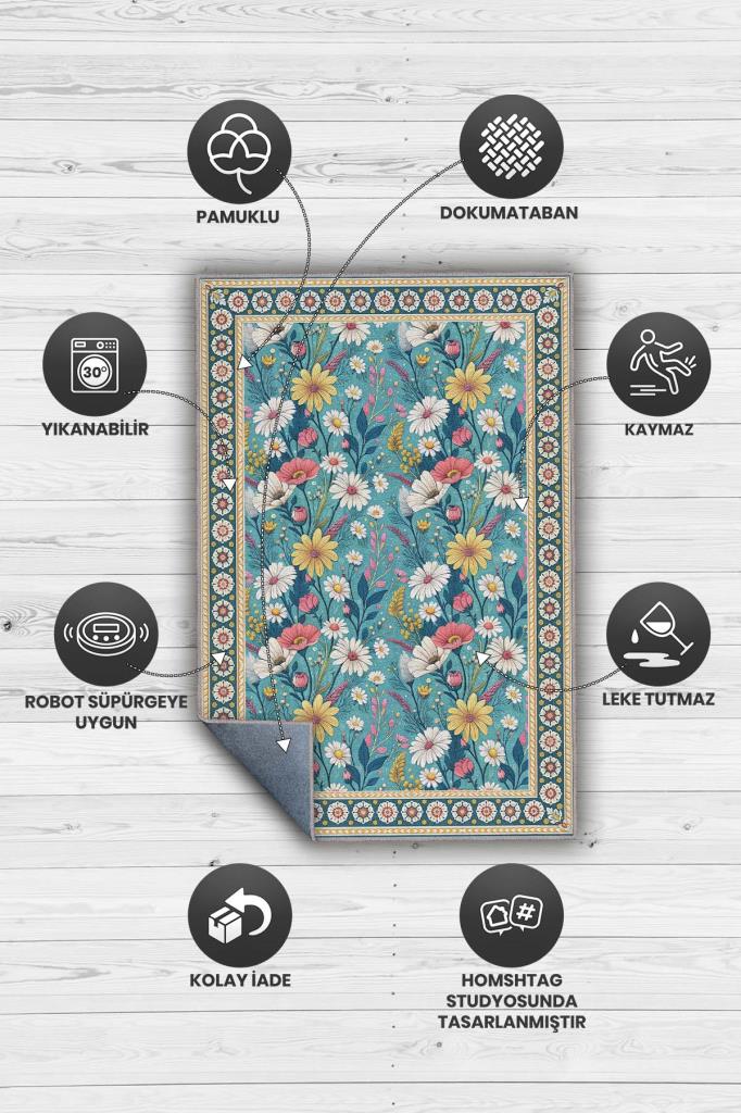 Yıkanabilir Dokuma Pamuk Tabanlı Kaymaz Tabanlı Çiçekli Mavi Salon Halısı, Maksimalist Ev Dekoru, Yıkanabilir Halı