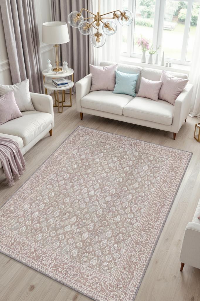 Yıkanabilir Dokuma Pamuk Tabanlı Kaymaz Tabanlı Salon Halısı, Krem Renkli İnce Detaylı Yıkanabilir Oturma Odası Halısı