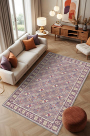 Yıkanabilir Dokuma Pamuk Tabanlı Kaymaz Tabanlı Salon Halısı, Mor Renkli Oturma Odası Halısı