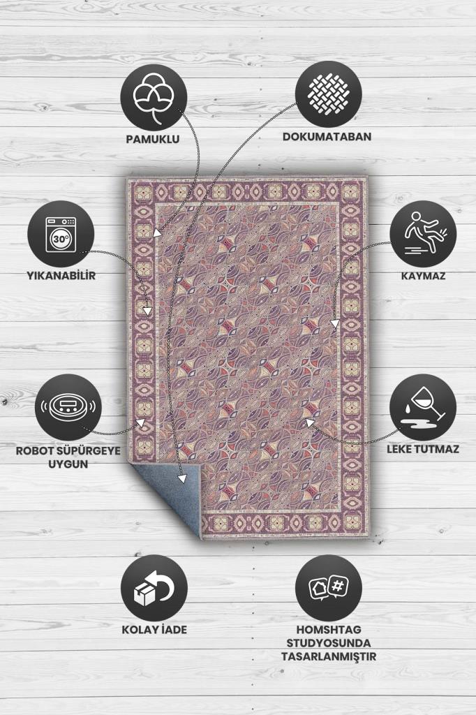 Yıkanabilir Dokuma Pamuk Tabanlı Kaymaz Tabanlı Salon Halısı, Mor Renkli Oturma Odası Halısı