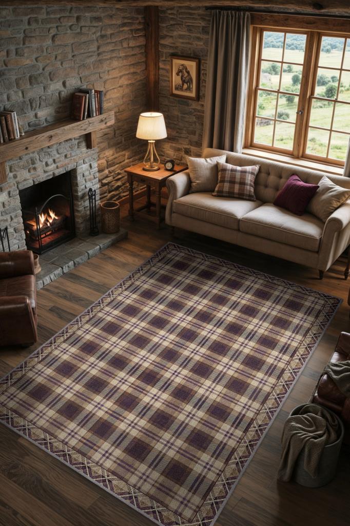 Yıkanabilir Dokuma Pamuk Tabanlı Kaymaz Tabanlı Salon Halısı, Rustik Damalı Halı, Ekose Halı