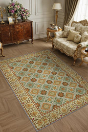 Yıkanabilir Dokuma Pamuk Tabanlı Kaymaz Tabanlı Salon Halısı, Yeşil Ve Koyu Sarı Renkli Mozaik Desenli Halı