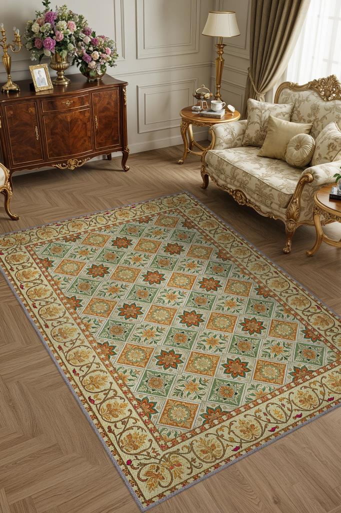 Yıkanabilir Dokuma Pamuk Tabanlı Kaymaz Tabanlı Salon Halısı, Yeşil Ve Koyu Sarı Renkli Mozaik Desenli Halı