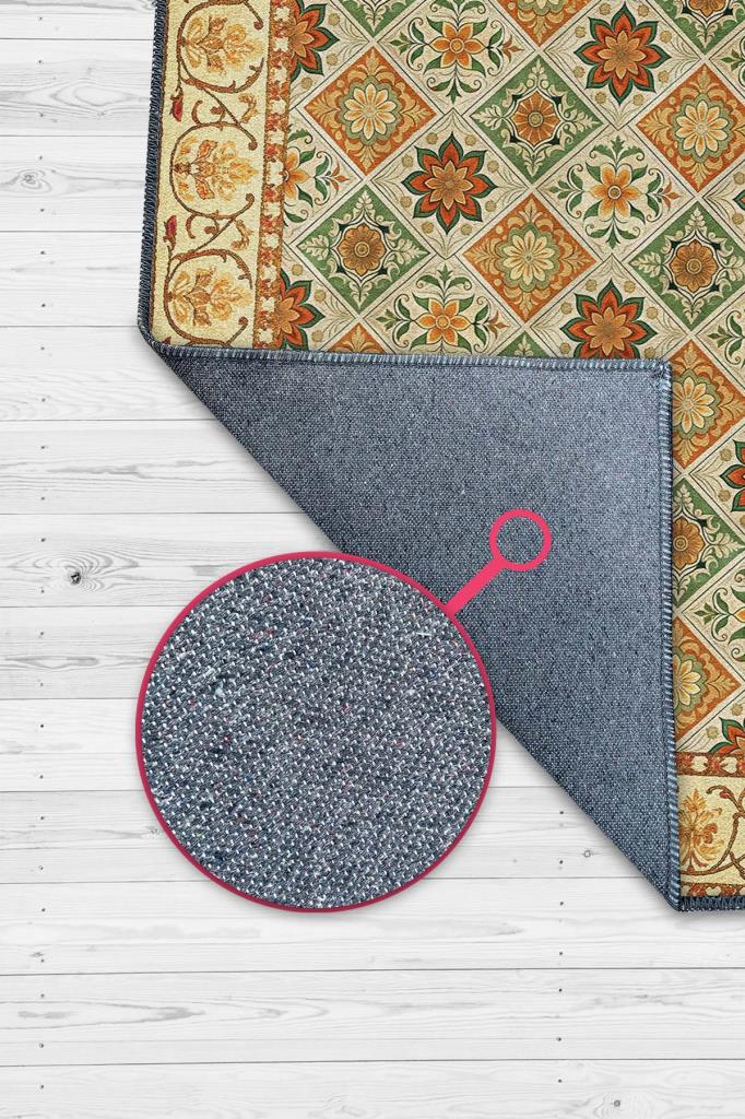 Yıkanabilir Dokuma Pamuk Tabanlı Kaymaz Tabanlı Salon Halısı, Yeşil Ve Koyu Sarı Renkli Mozaik Desenli Halı