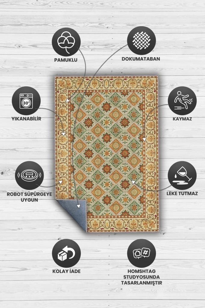 Yıkanabilir Dokuma Pamuk Tabanlı Kaymaz Tabanlı Salon Halısı, Yeşil Ve Koyu Sarı Renkli Mozaik Desenli Halı