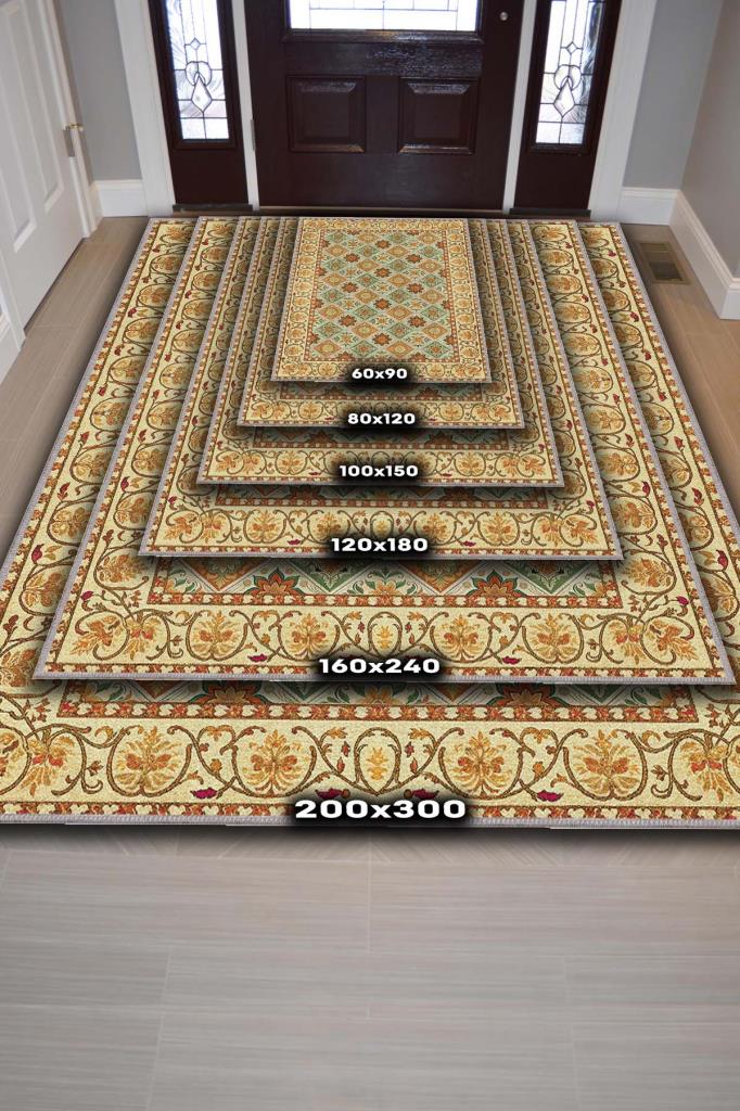 Yıkanabilir Dokuma Pamuk Tabanlı Kaymaz Tabanlı Salon Halısı, Yeşil Ve Koyu Sarı Renkli Mozaik Desenli Halı