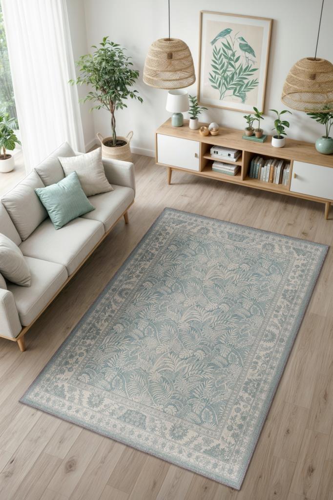 Yıkanabilir Dokuma Pamuk Tabanlı Pastel Mavi Halı, Kıyı Temalı Bitki Desenli Salon Halısı