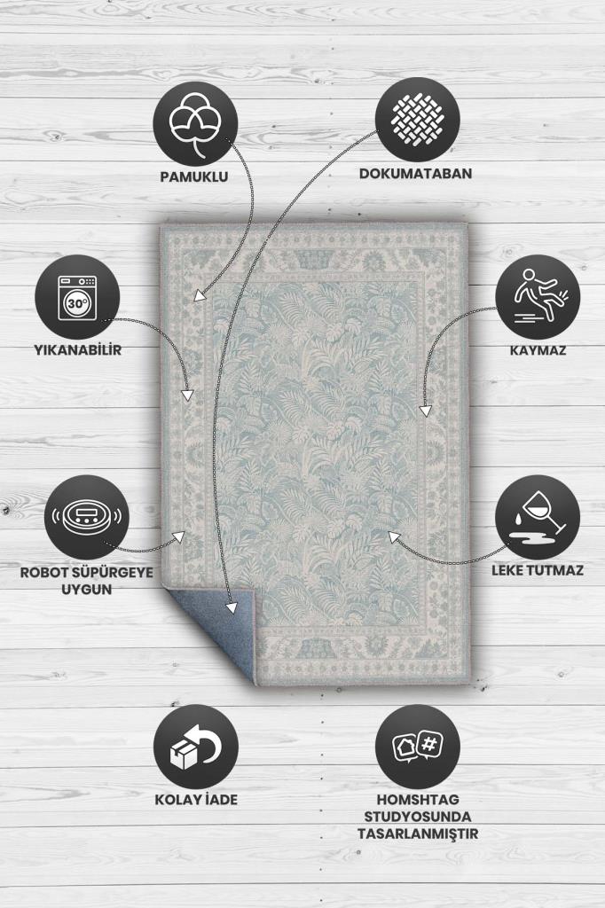 Yıkanabilir Dokuma Pamuk Tabanlı Pastel Mavi Halı, Kıyı Temalı Bitki Desenli Salon Halısı