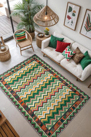 Zikzak Desenli Çok Renkli Salon Halısı, Yeşil Kırmızı Sarı Halı, Yıkanabilir Dokuma Pamuk Tabanlı Kaymaz Tabanlı Halı