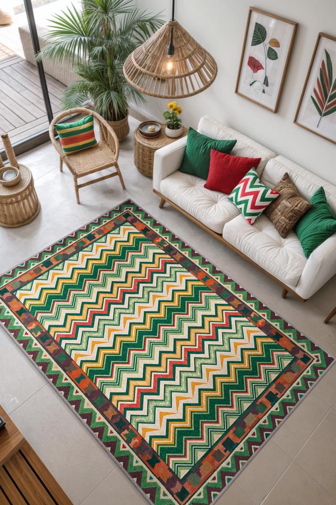 Zikzak Desenli Çok Renkli Salon Halısı, Yeşil Kırmızı Sarı Halı, Yıkanabilir Dokuma Pamuk Tabanlı Kaymaz Tabanlı Halı