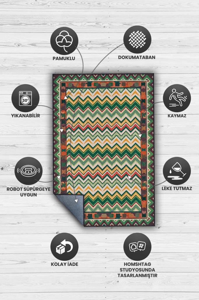 Zikzak Desenli Çok Renkli Salon Halısı, Yeşil Kırmızı Sarı Halı, Yıkanabilir Dokuma Pamuk Tabanlı Kaymaz Tabanlı Halı