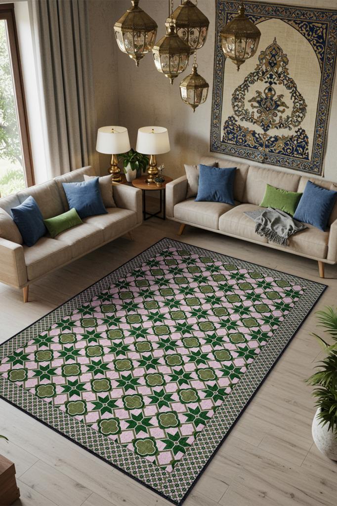 Zümrüt Geometrik Halı, Makinede Yıkanabilir Ritmik Desenli Halı, Oturma Odası Halısı